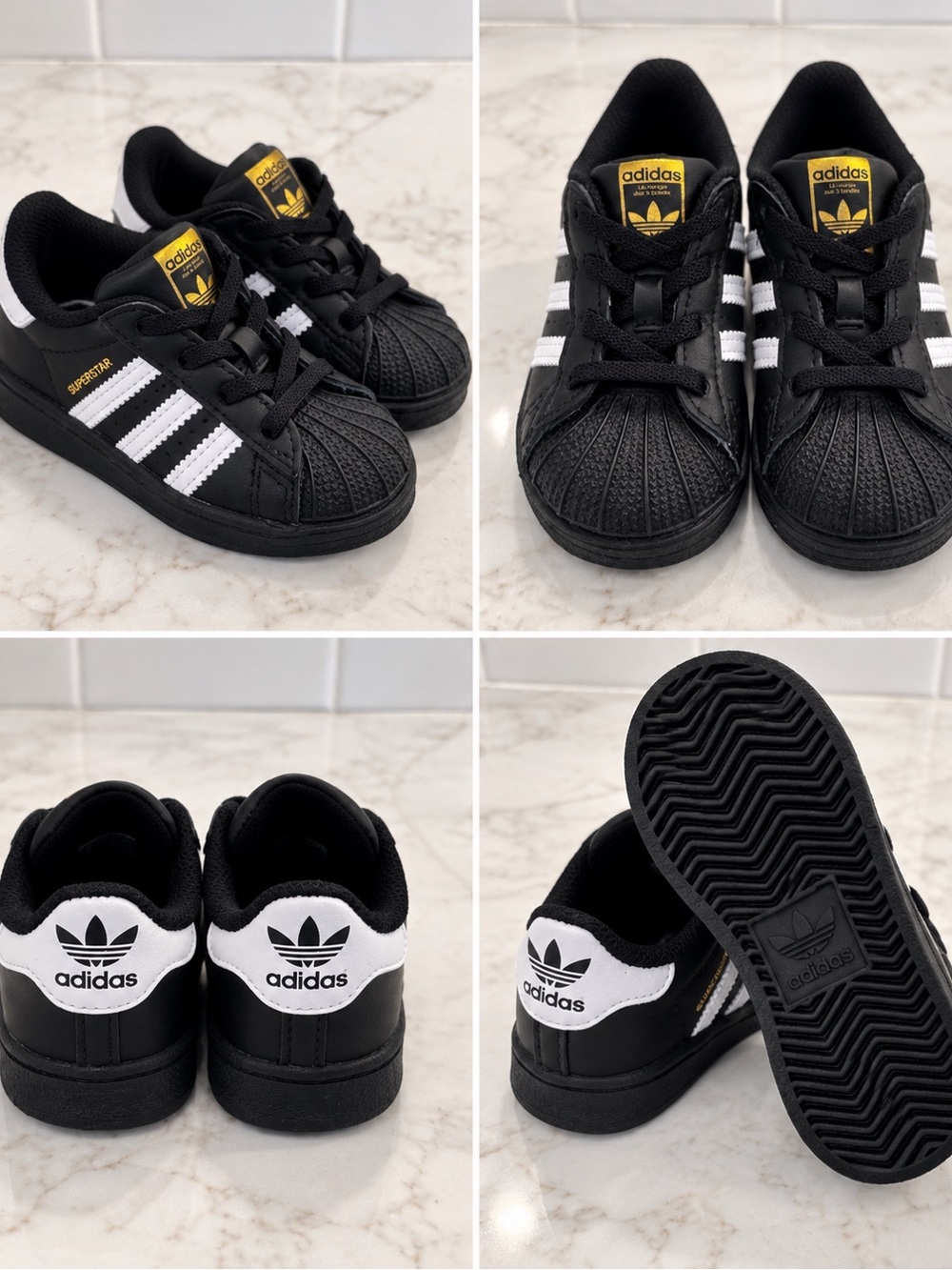 adidas Kids Superstar Sneakers - Black, White & Gold Details